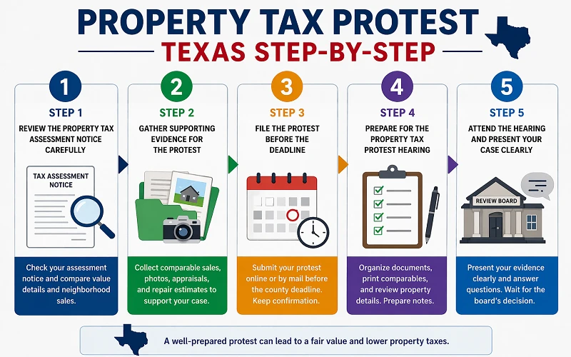 Learn how to file a property tax protest in Texas step by step, from reviewing assessments to presenting strong evidence at hearings.