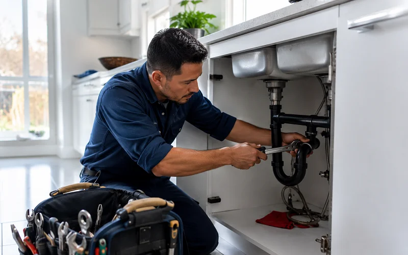 Plumber fixing pipes under the sink