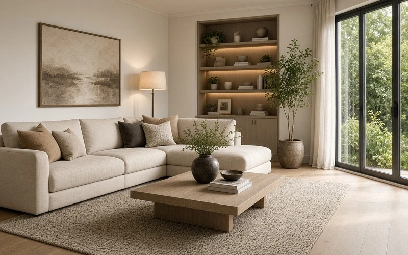Practical home decoration tips showing a stylish modern living room with balanced furniture, plants, and warm lighting